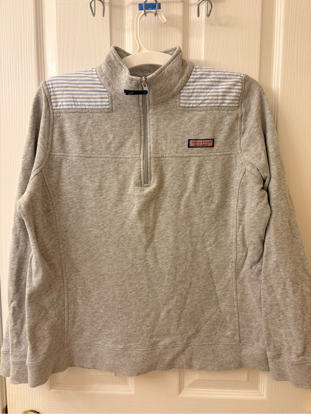 Vineyard Vines Light Gray Quarter-Zip Pullover with Striped Shoulder Panels